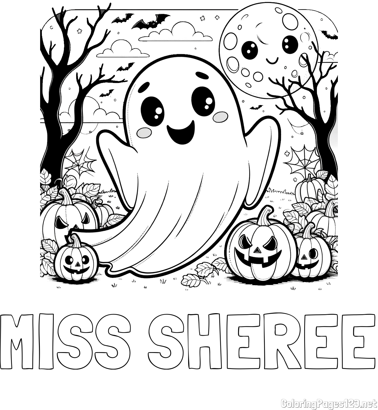 MISS SHEREE Coloring Page and Halloween Coloring Page of a Ghost with Pumpkins