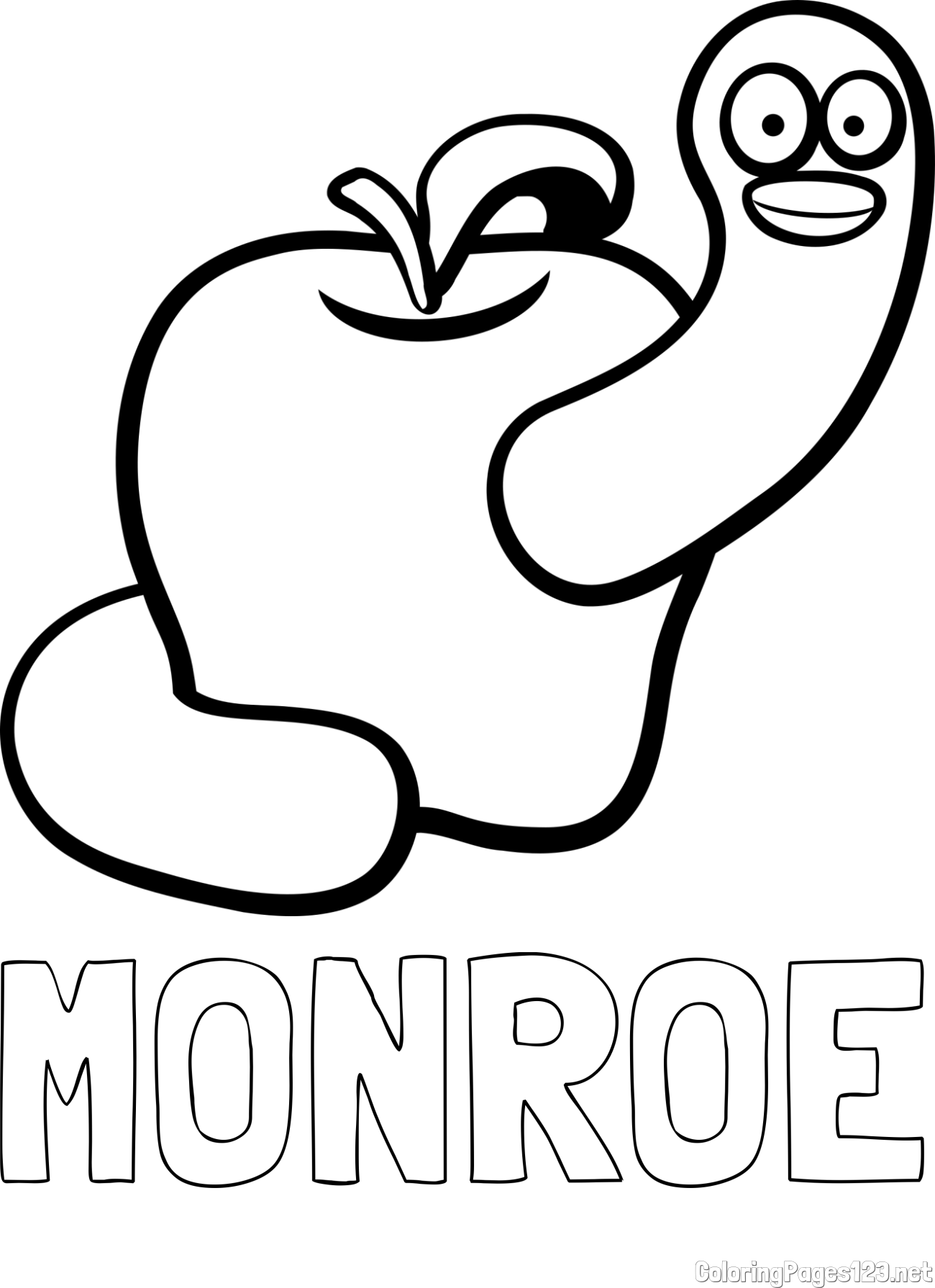 MONROE Coloring Page and Apple and Smiling Worm Coloring Page