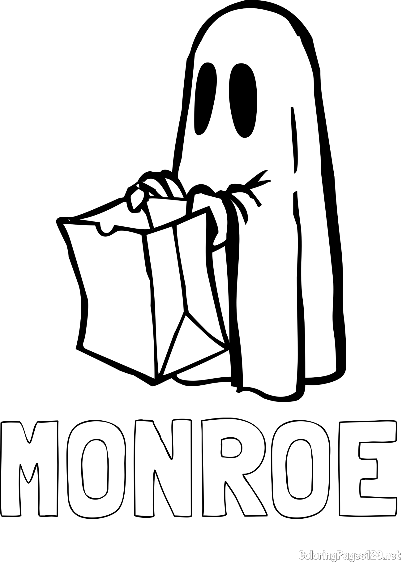 MONROE Coloring Page and Ghost with a Candy Bag Coloring Page
