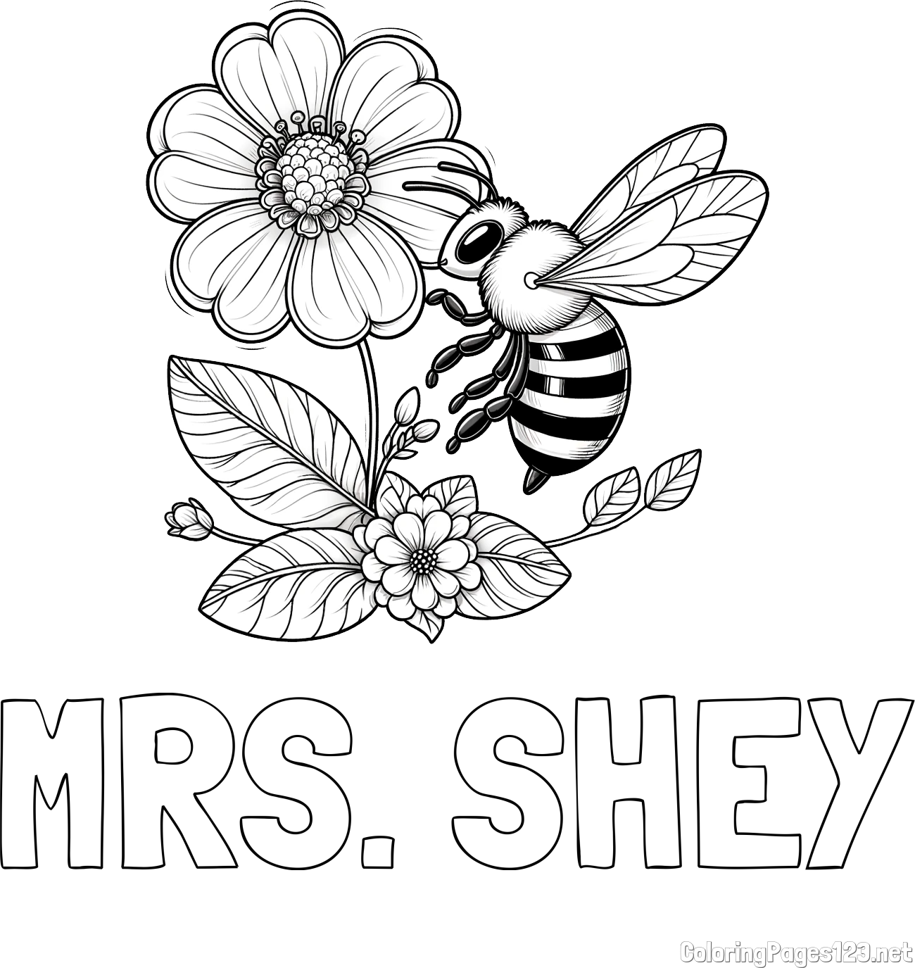 MRS. SHEY Coloring Page and Children's Coloring Book of a Little Bee and Flowers
