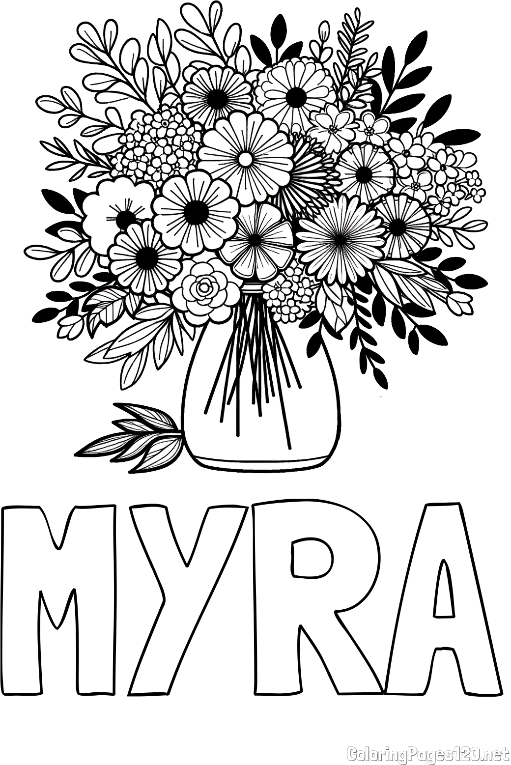 MYRA Coloring Page and Flower Bouquet Coloring Page