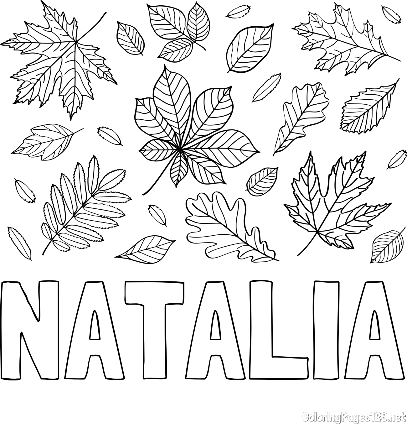 NATALIA Coloring Page and Autumn Leaves Coloring Page