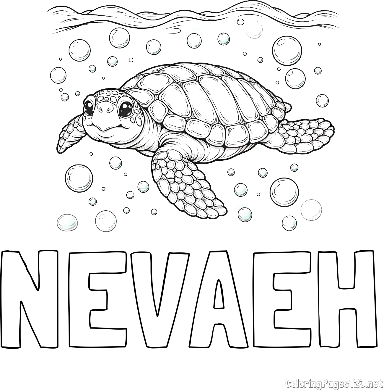 NEVAEH Coloring Page alongside Coloring Page of a Sea Turtle Swimming in the Ocean