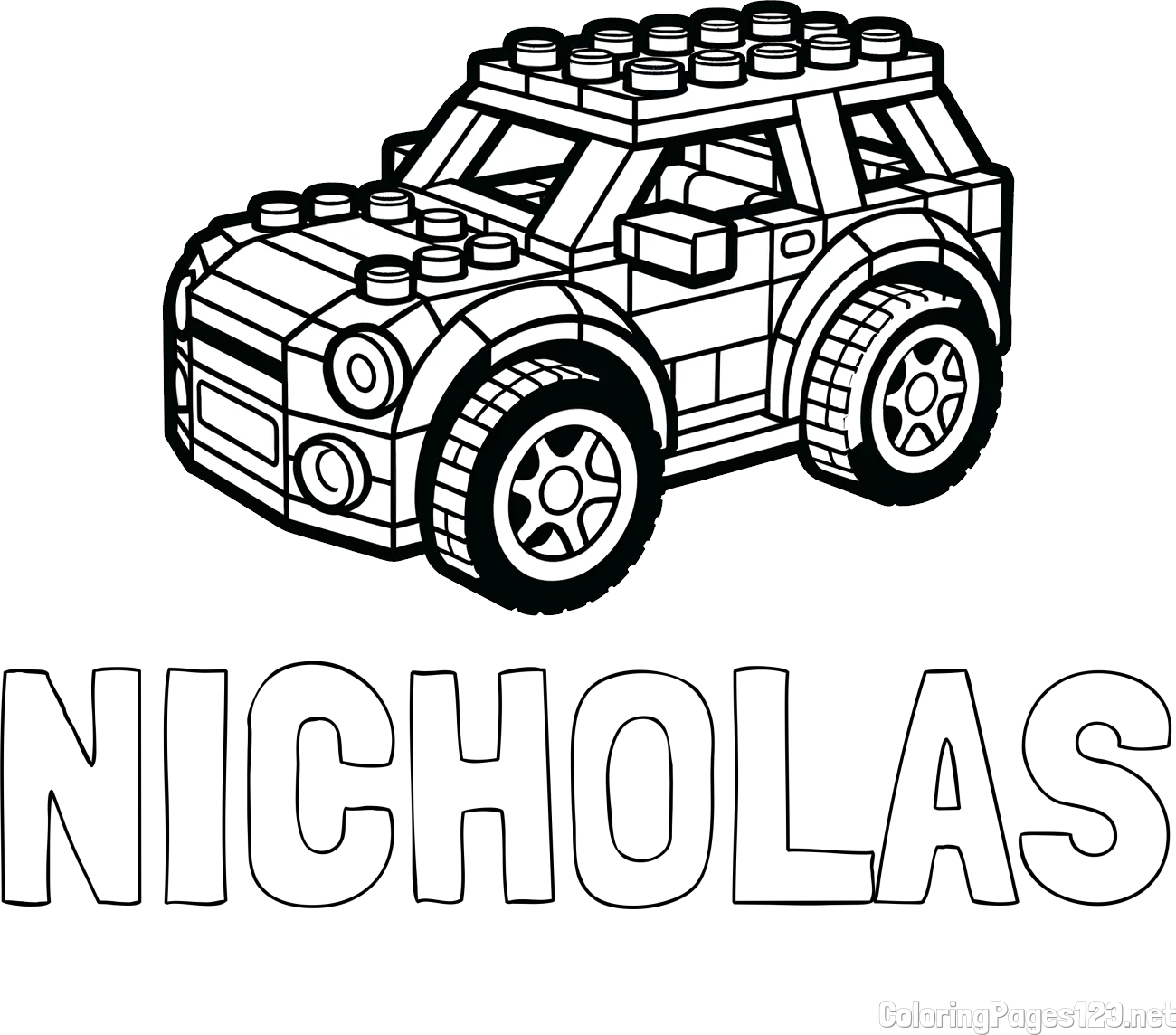 NICHOLAS Coloring Page alongside LEGO Car Coloring Page
