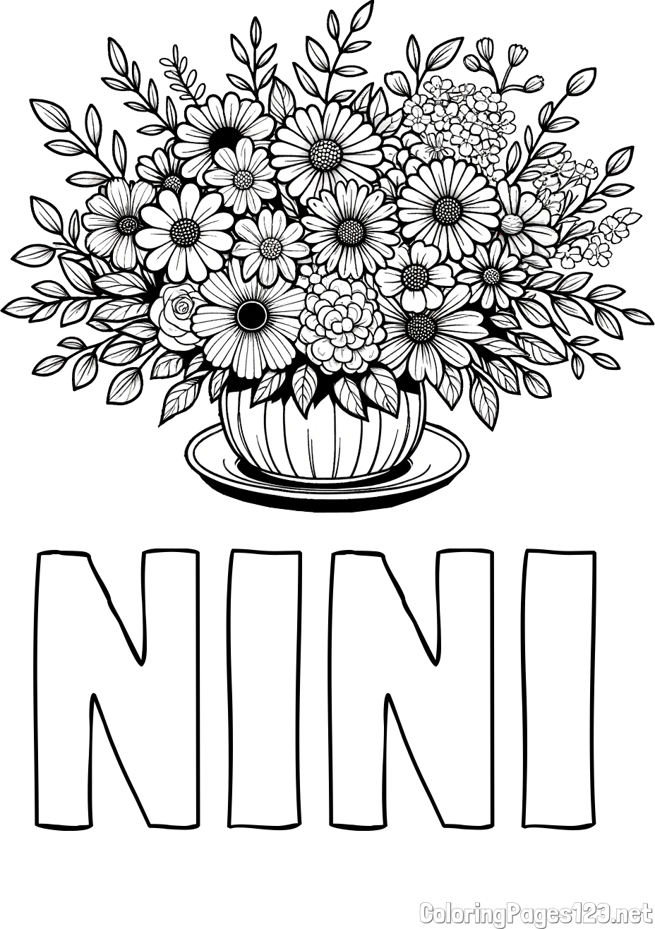 NINI Coloring Page and Beautiful Bouquet of Flowers Coloring Page