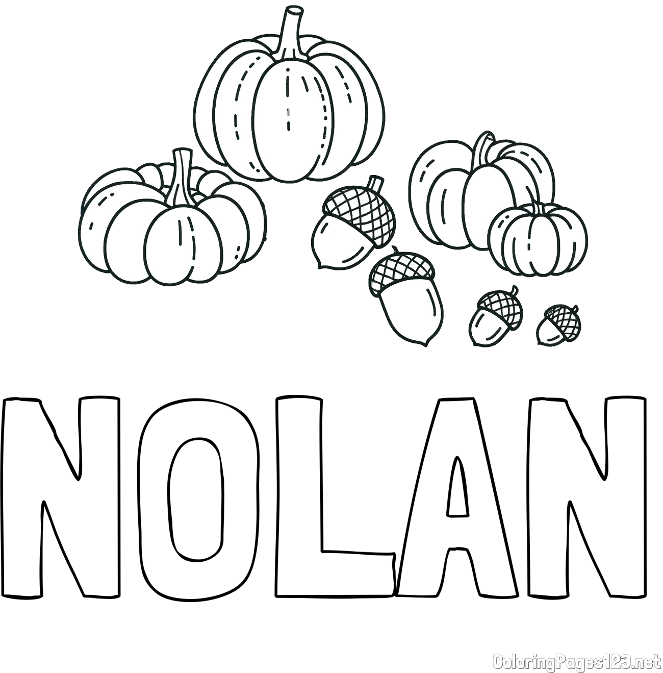 NOLAN Coloring Page and Autumn Harvest Coloring Page - Acorns and Pumpkins