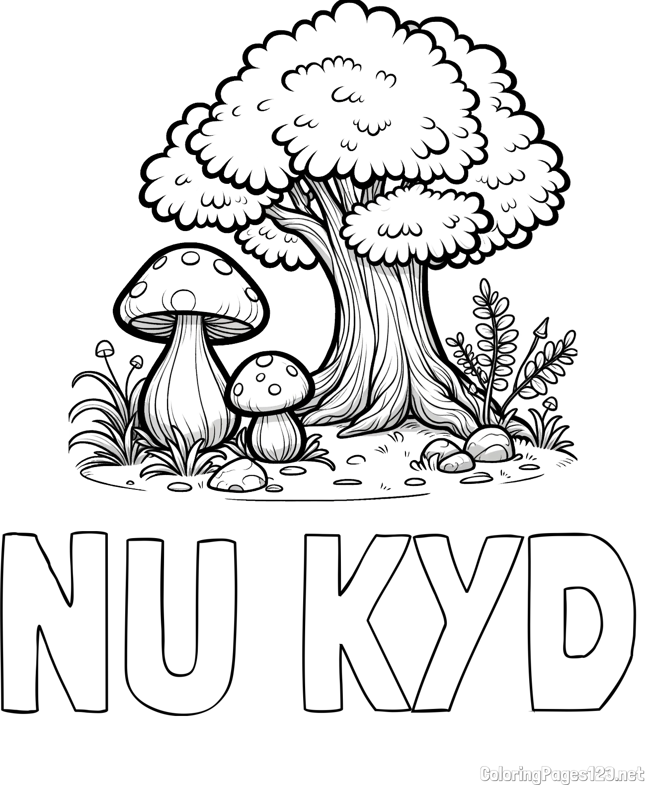 NU KYD Coloring Page and Coloring Page of Two Mushrooms and a Big Tree