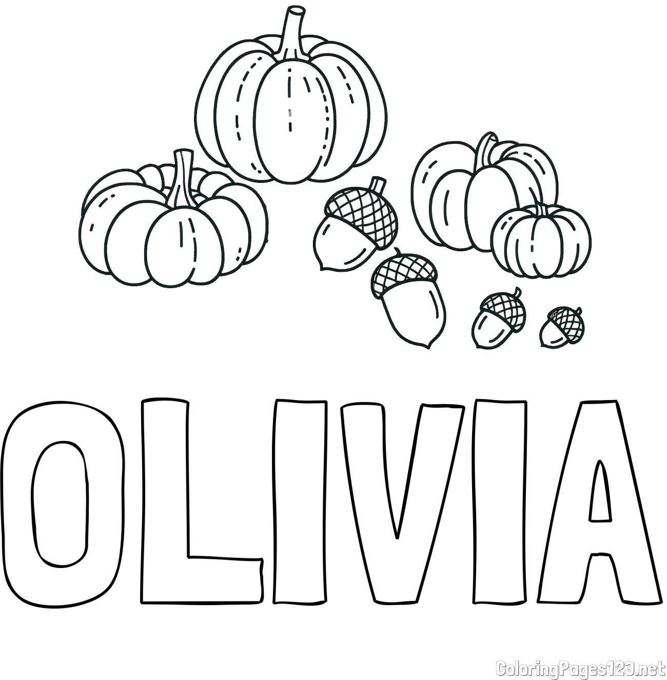 OLIVIA Coloring Page and Autumn Harvest Coloring Page - Acorns and Pumpkins