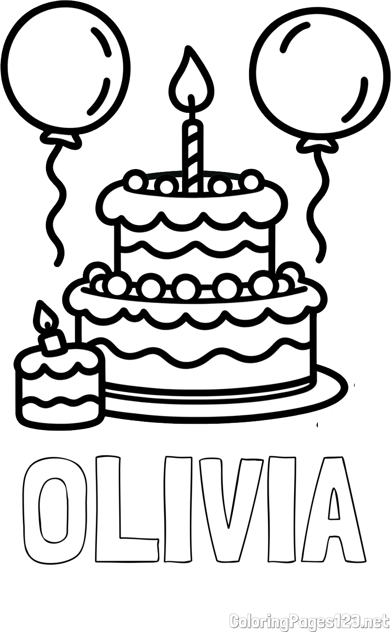 OLIVIA Coloring Page and Birthday Cake Coloring Page with Balloons