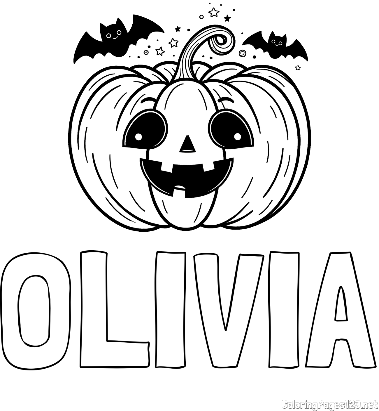 OLIVIA Coloring Page and Halloween Pumpkin and Bats Coloring Page
