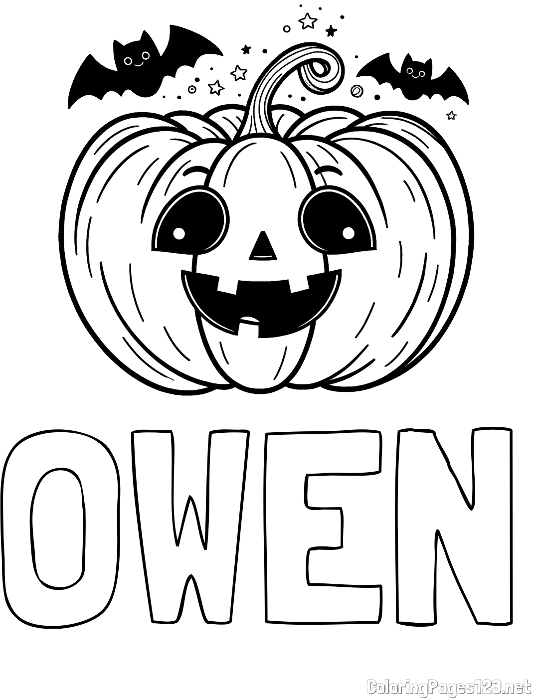 OWEN Coloring Page and Halloween Pumpkin and Bats Coloring Page
