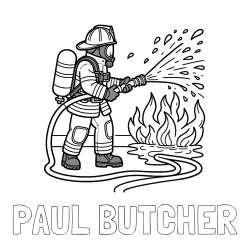 Online Created Coloring Page - PAUL BUTCHER Coloring Page and A coloring page of a firefighter and a big fire