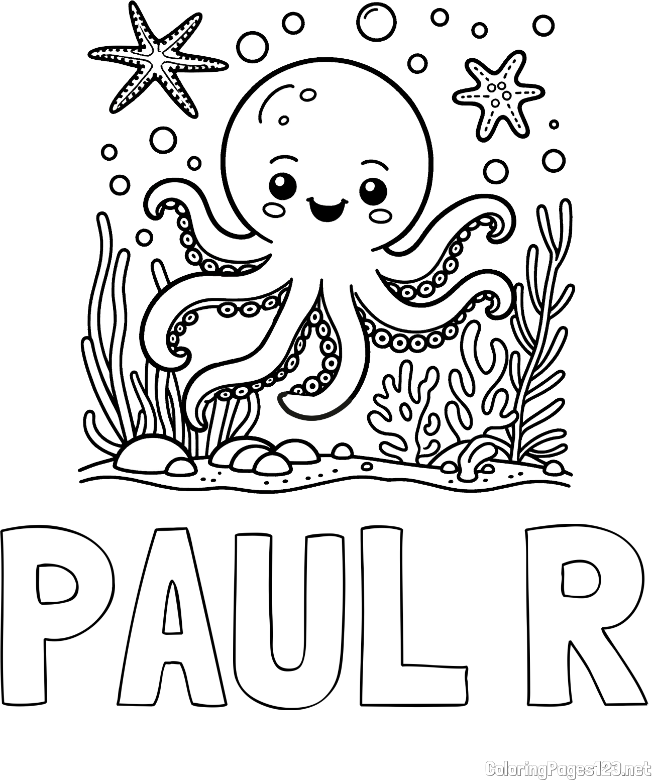 PAUL R Coloring Page and Coloring Page of a Cute Octopus in the Ocean