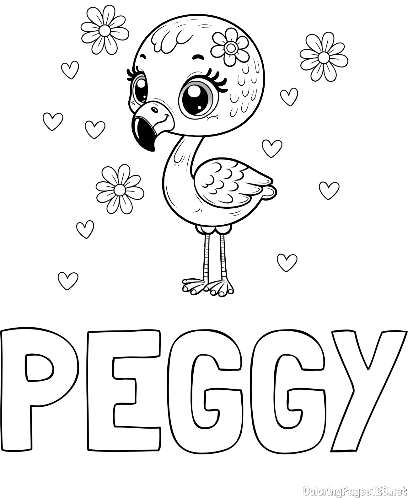 PEGGY Coloring Page and Coloring Page of a Cute Flamingo with Flowers
