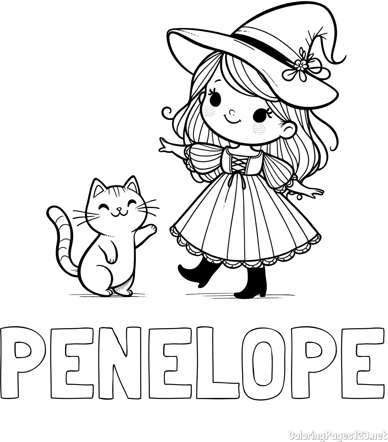PENELOPE Coloring Page and Coloring Page of a Cute Witch and a Subordinate Cat