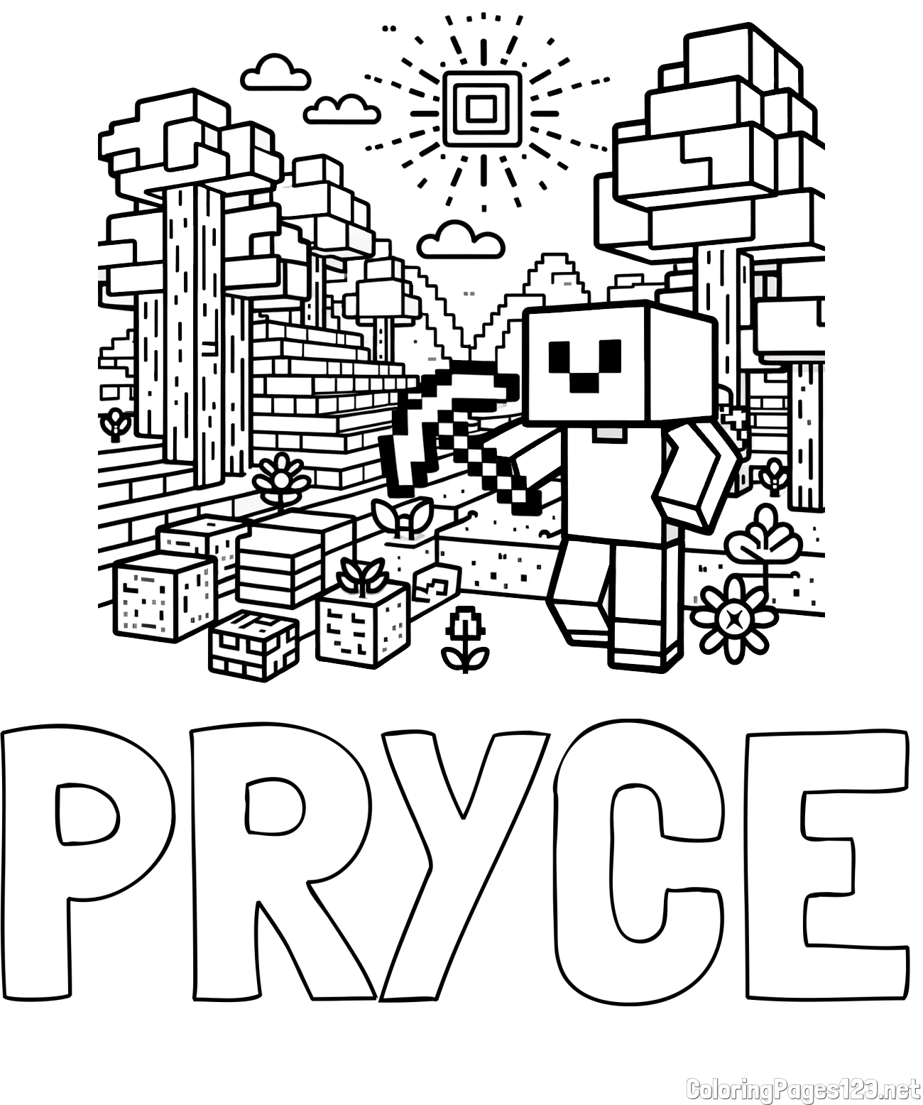 PRYCE Coloring Page and Minecraft World Coloring Page