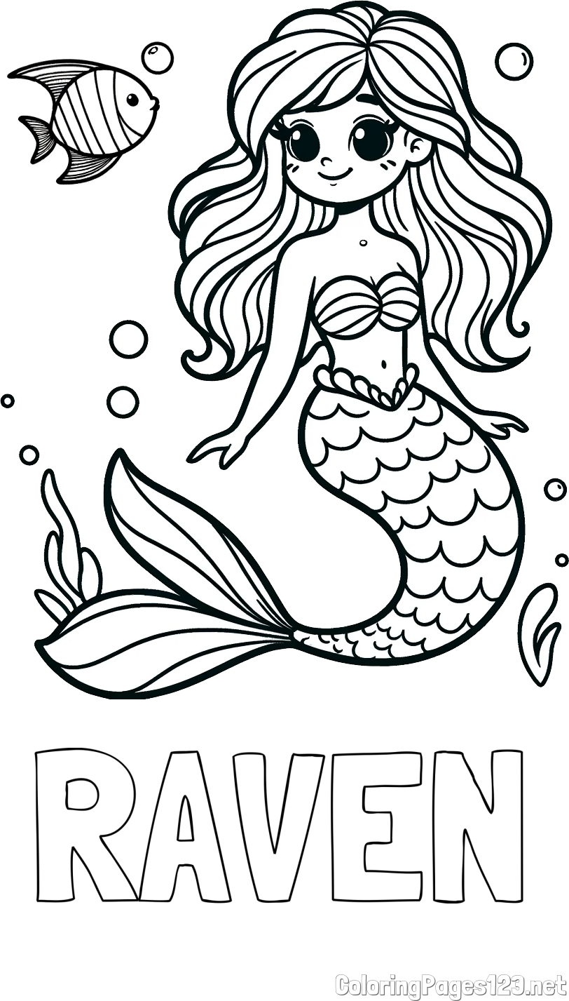 RAVEN Coloring Page and Coloring Page of a Little Mermaid and Fish