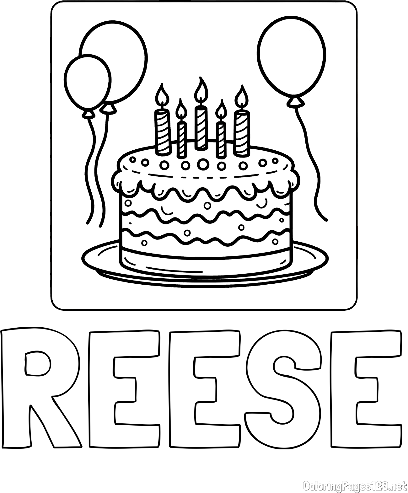 REESE Coloring Page and 5th Birthday Cake Coloring Page