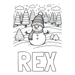 Online Created Coloring Page - REX Coloring Page alongside Coloring Page of a Snowman with Pine Trees in the Background