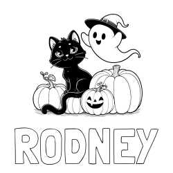Online Created Coloring Page - RODNEY Coloring Page and Halloween Pumpkin Coloring Page for Kids - Happy Cat, Ghost, and Pumpkins