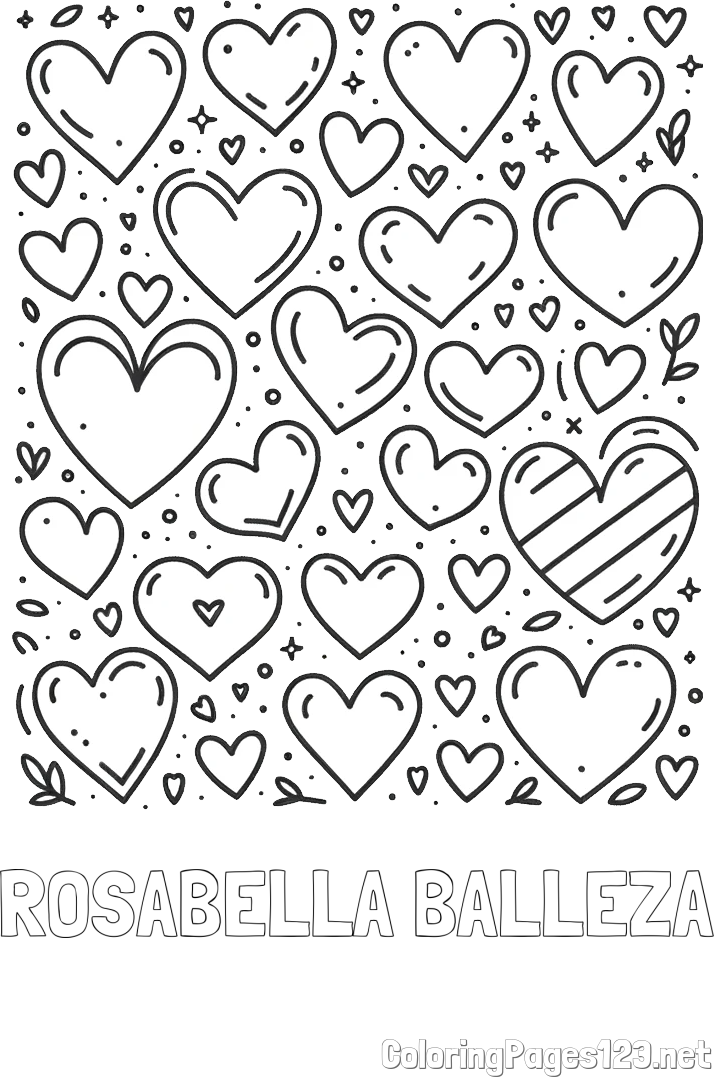 ROSABELLA BALLEZA Coloring Page alongside Children's Coloring Page of Many Hearts