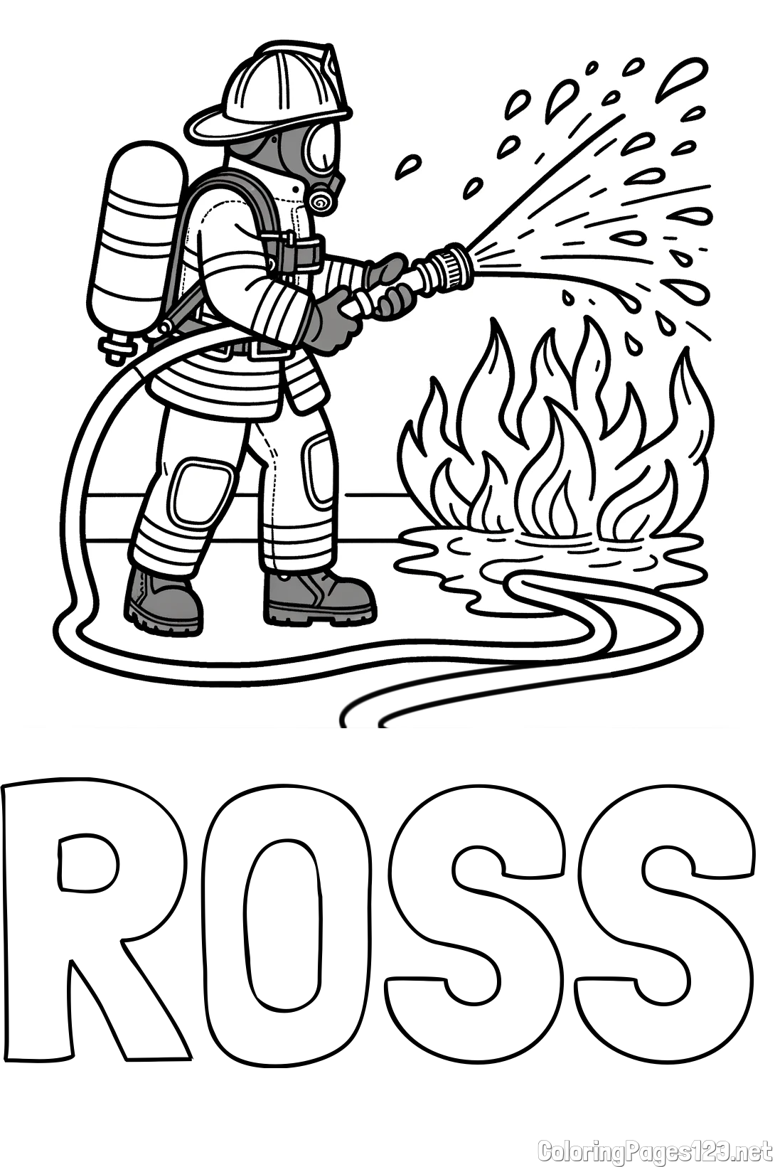 ROSS Coloring Page and A coloring page of a firefighter and a big fire