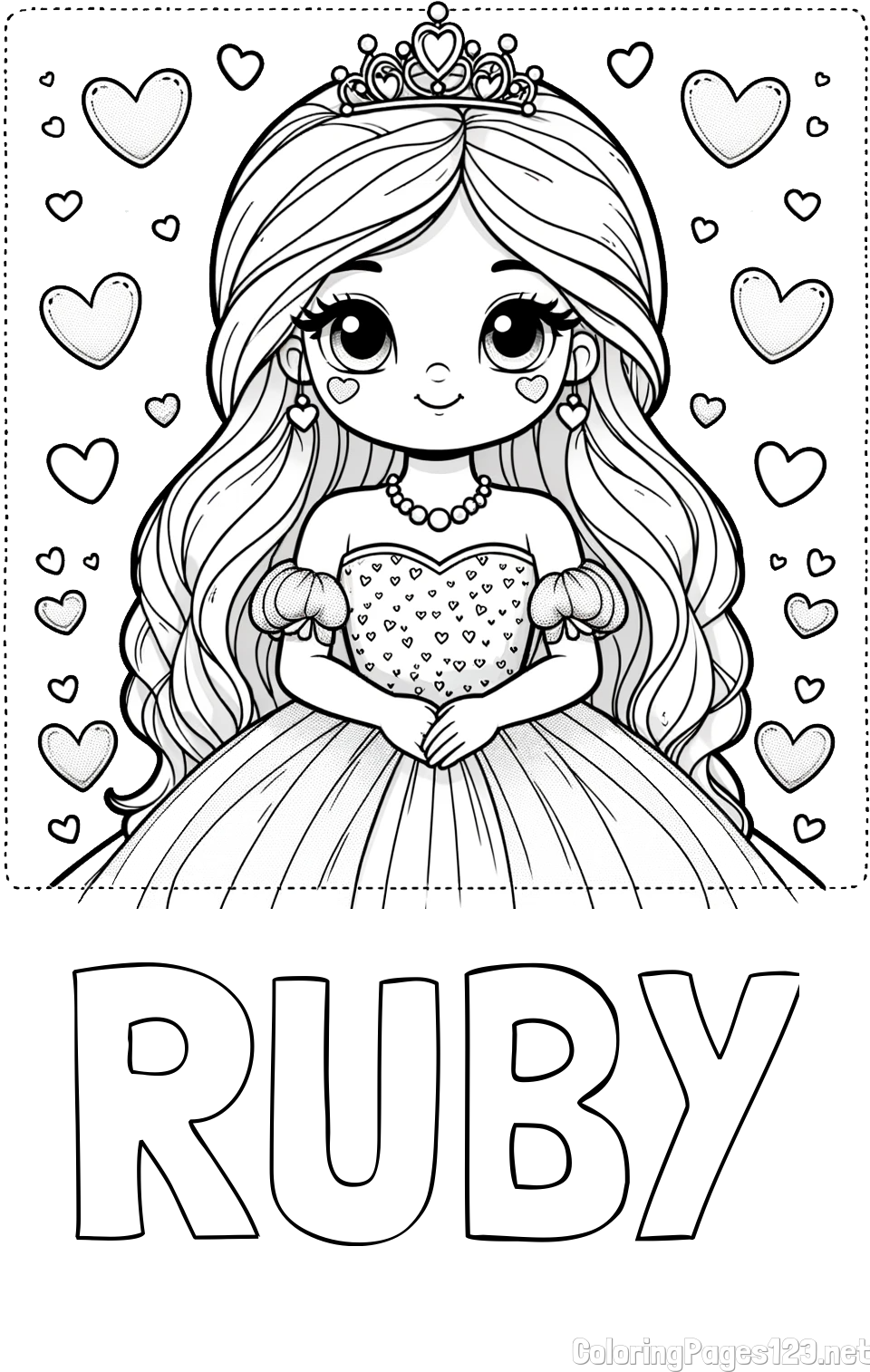 RUBY Coloring Page alongside Coloring Page of a Princess Surrounded by Hearts
