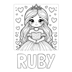 RUBY Coloring Page alongside Coloring Page of a Princess Surrounded by Hearts