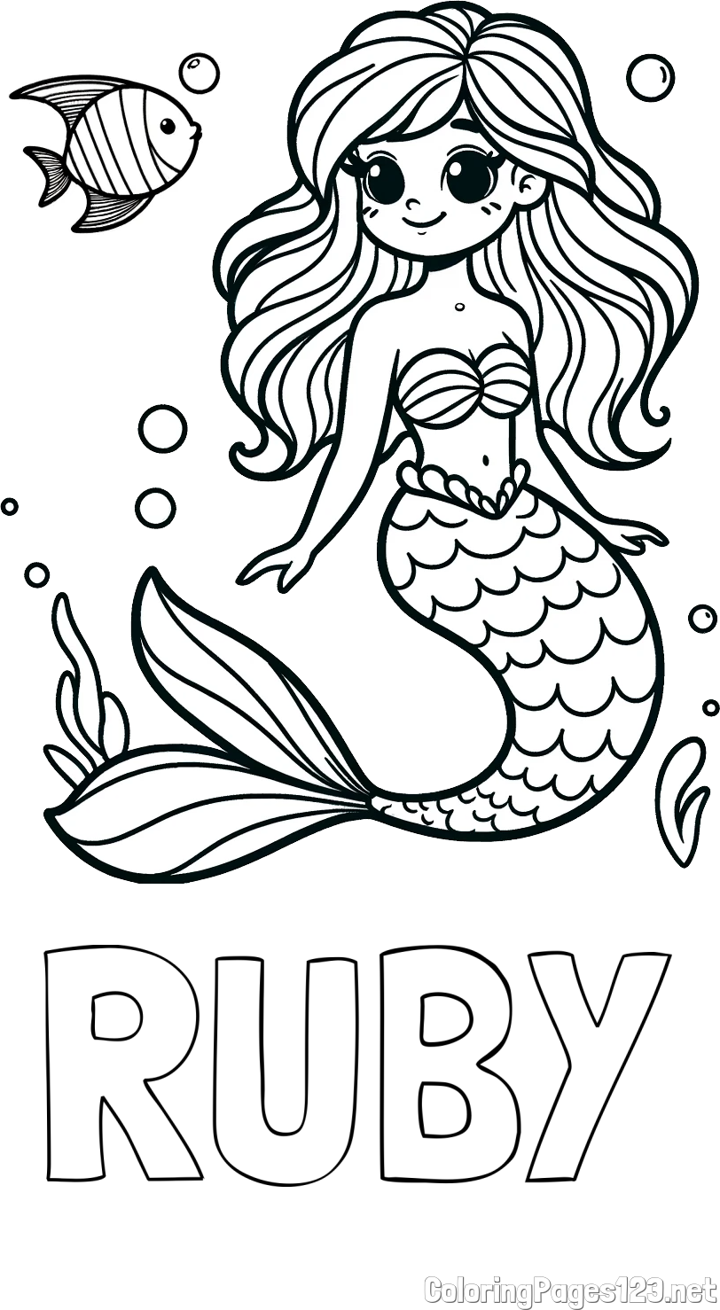 RUBY Coloring Page and Coloring Page of a Little Mermaid and Fish