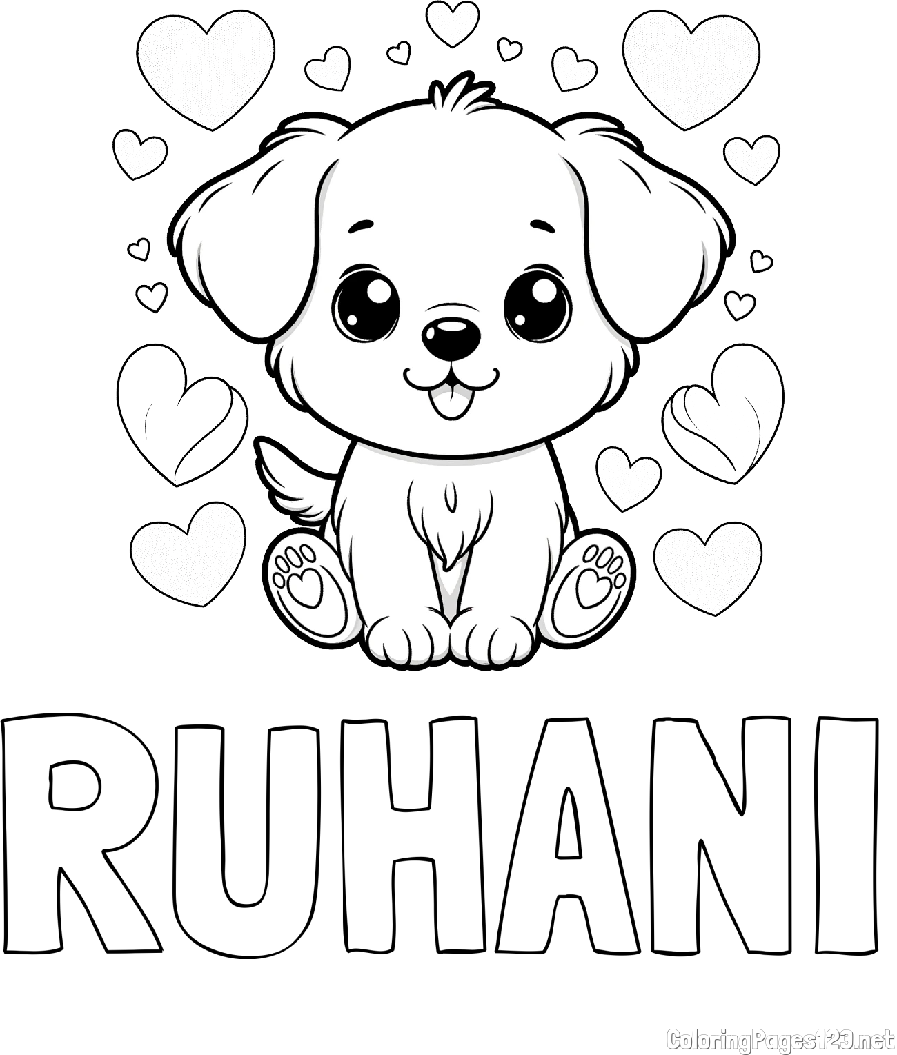 RUHANI Coloring Page and Coloring Page of a Cute Dog and Hearts
