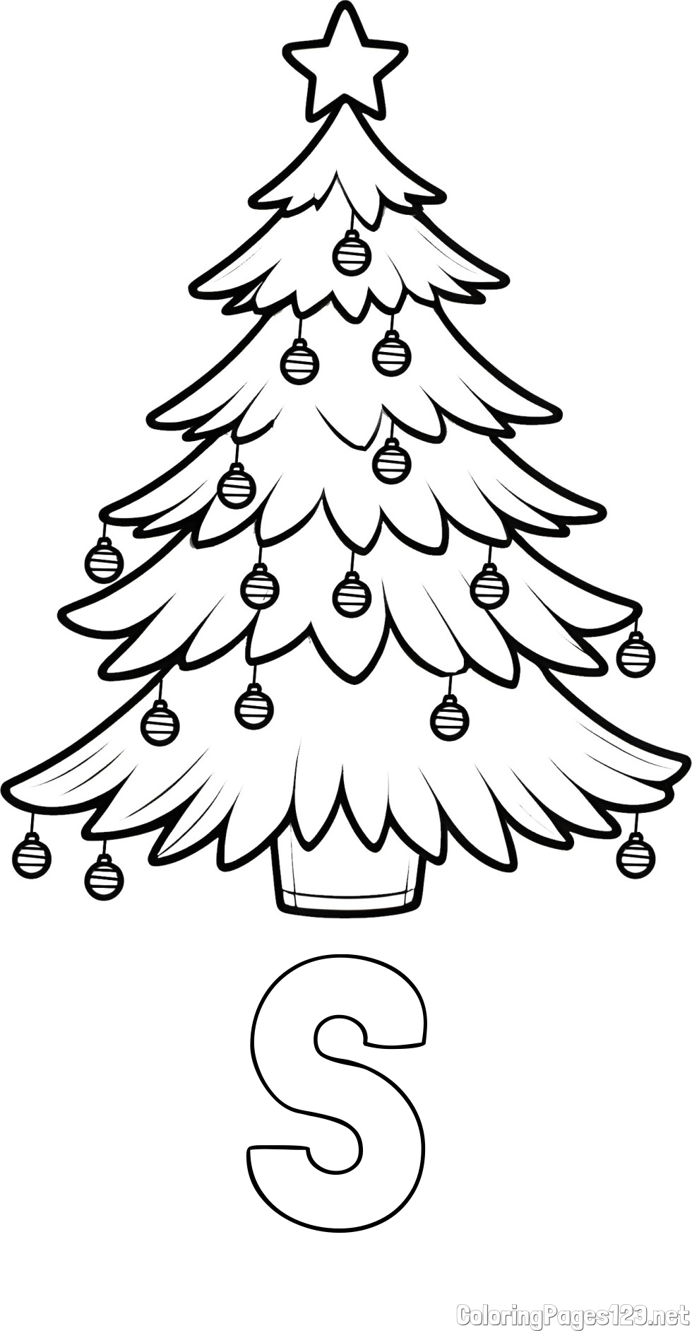 S Coloring Page and Christmas Tree with Star and Ornaments Coloring Page
