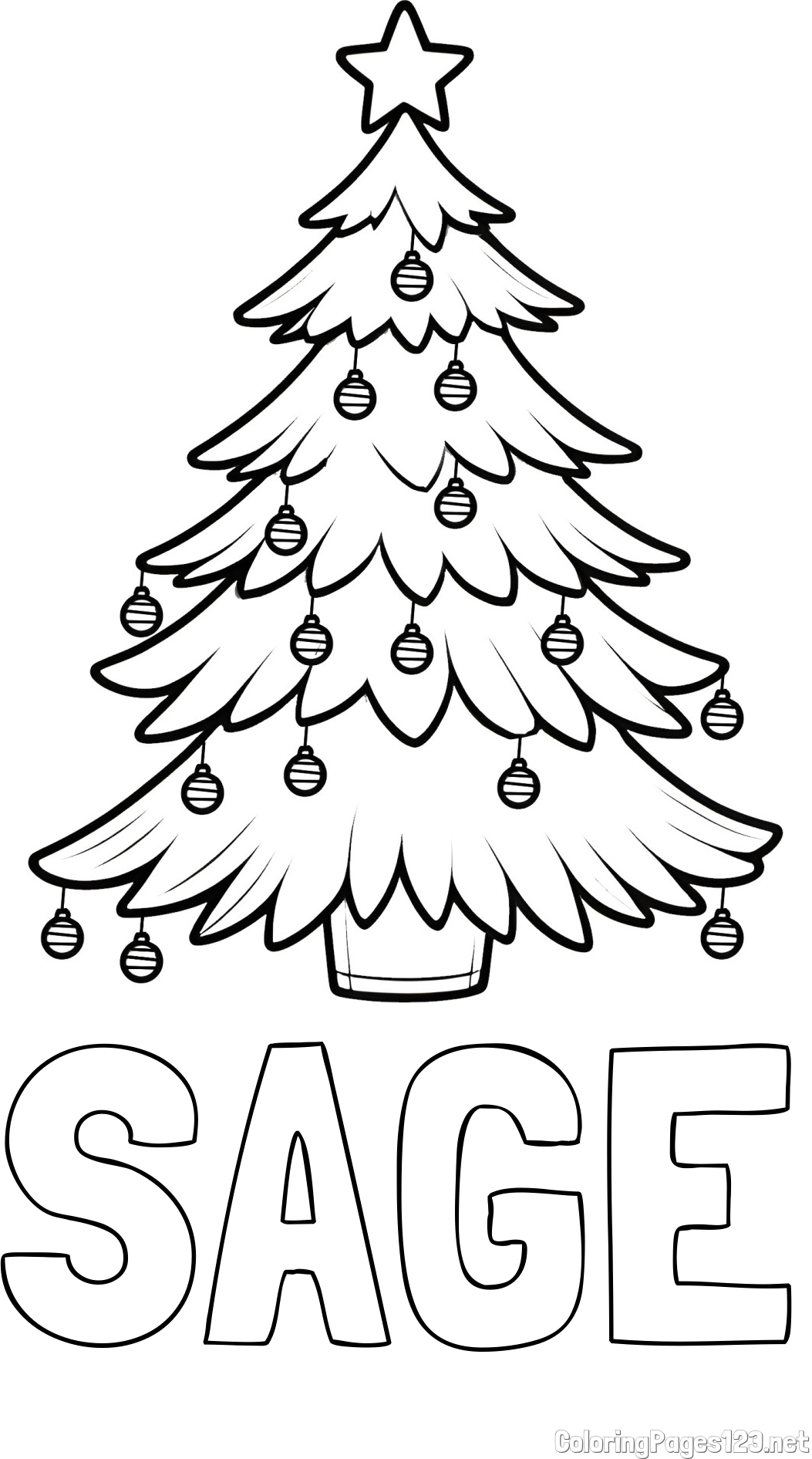 SAGE Coloring Page and Christmas Tree with Star and Ornaments Coloring Page