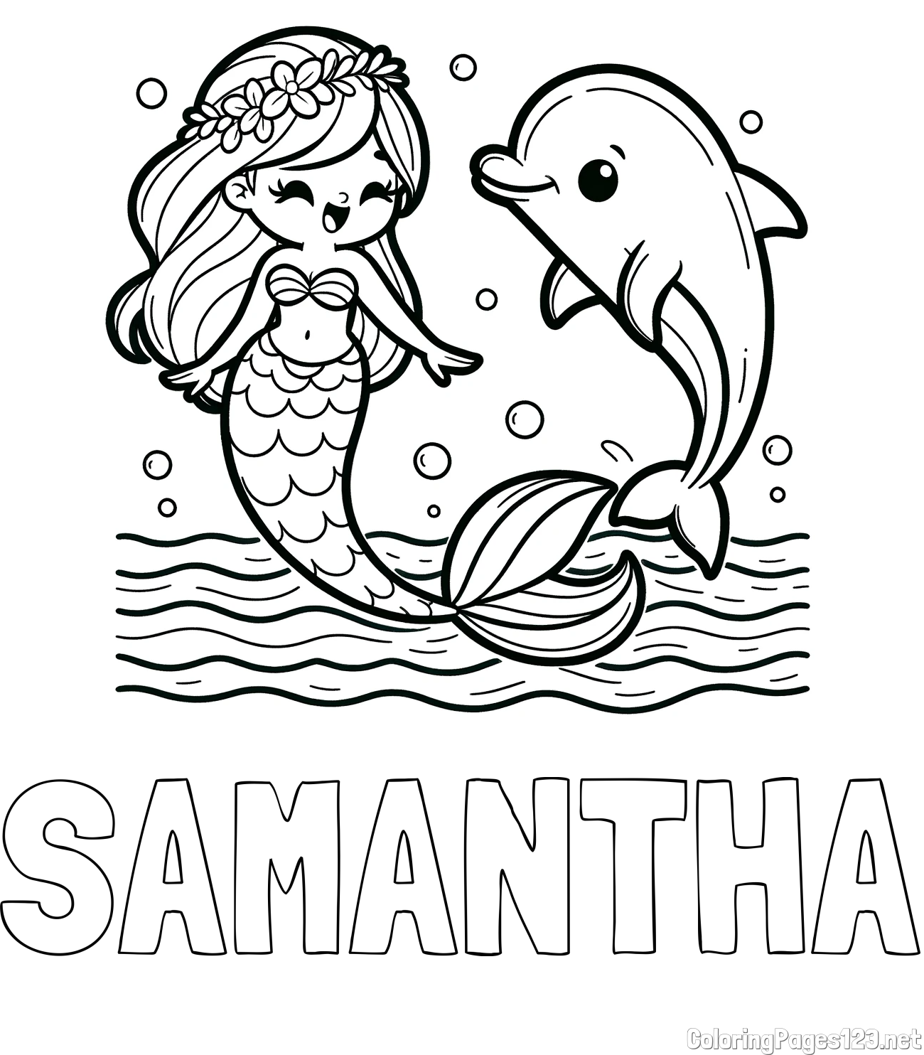 SAMANTHA Coloring Page alongside Coloring Page of a Cute Mermaid Dancing with a Dolphin