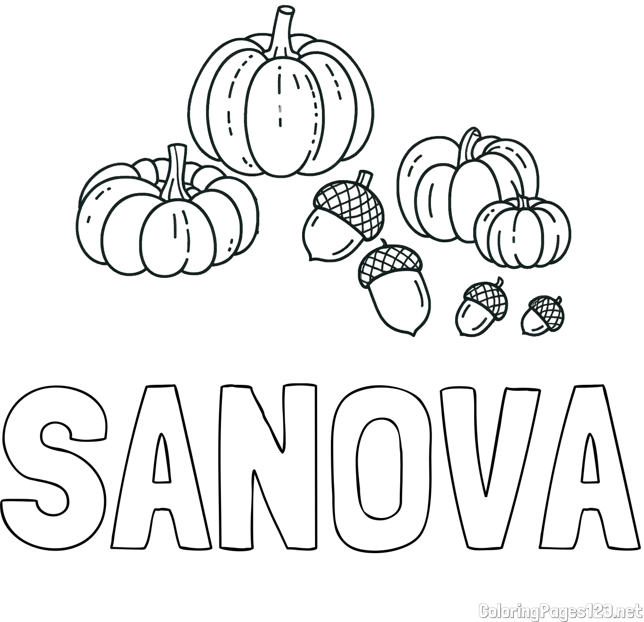 SANOVA Coloring Page and Autumn Harvest Coloring Page - Acorns and Pumpkins