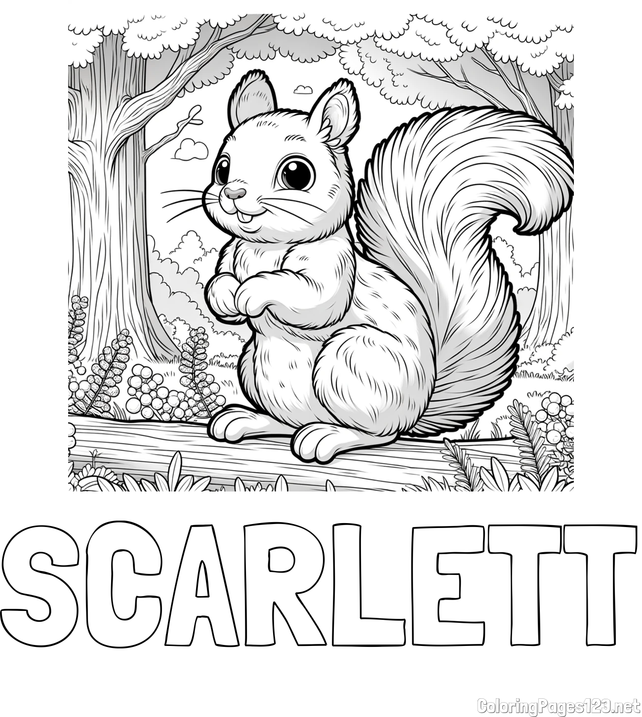 SCARLETT Coloring Page and Coloring Page of a Squirrel in a Forest