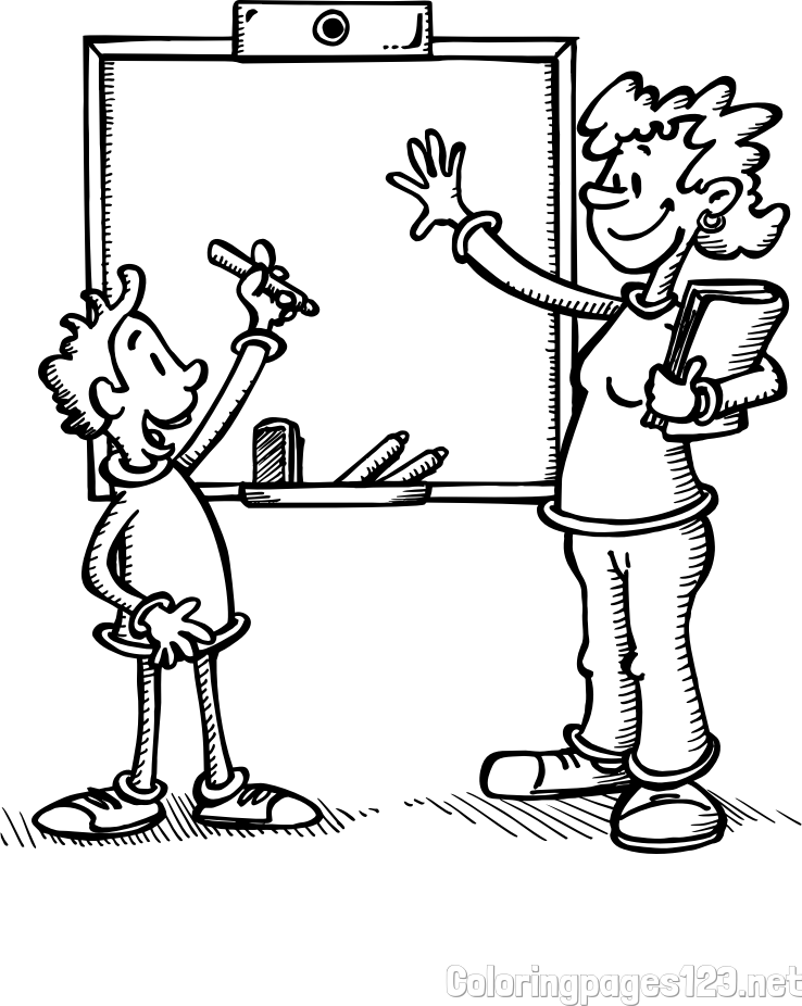 School Coloring Page of a Teacher and a Student