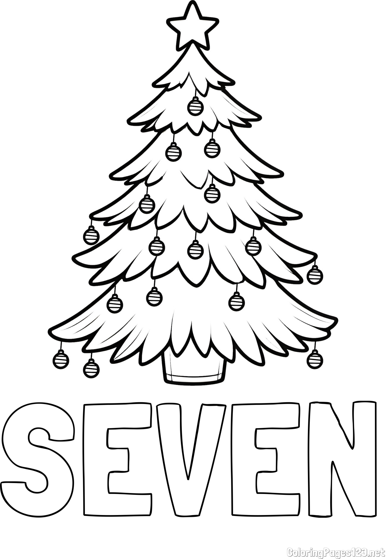 SEVEN Coloring Page and Christmas Tree with Star and Ornaments Coloring Page