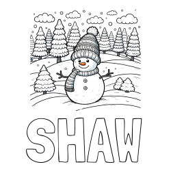 Online Created Coloring Page - SHAW Coloring Page alongside Coloring Page of a Snowman with Pine Trees in the Background