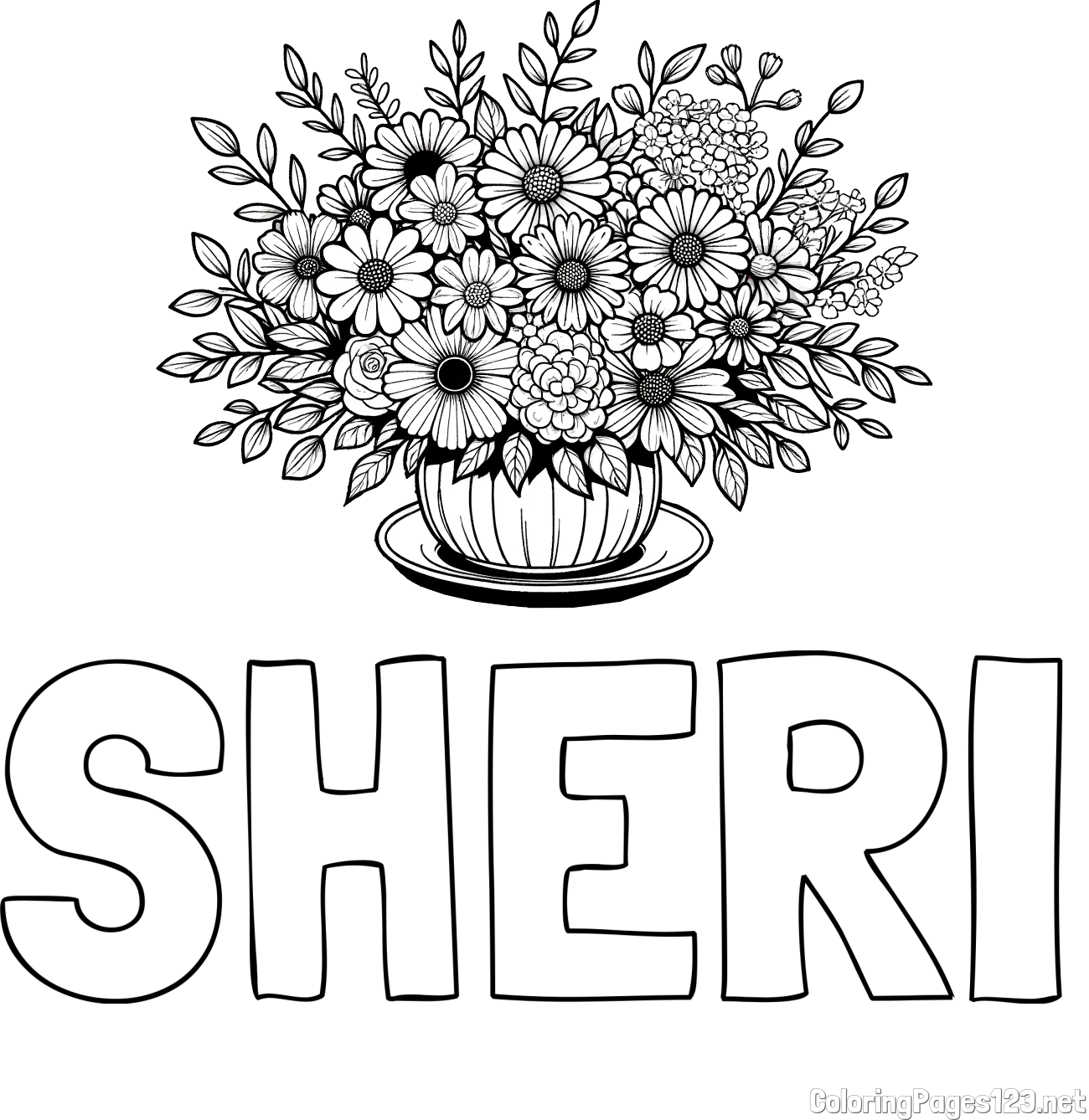SHERI Coloring Page and Beautiful Bouquet of Flowers Coloring Page