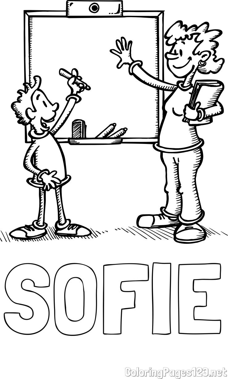 SOFIE Coloring Page and School Coloring Page of a Teacher and a Student