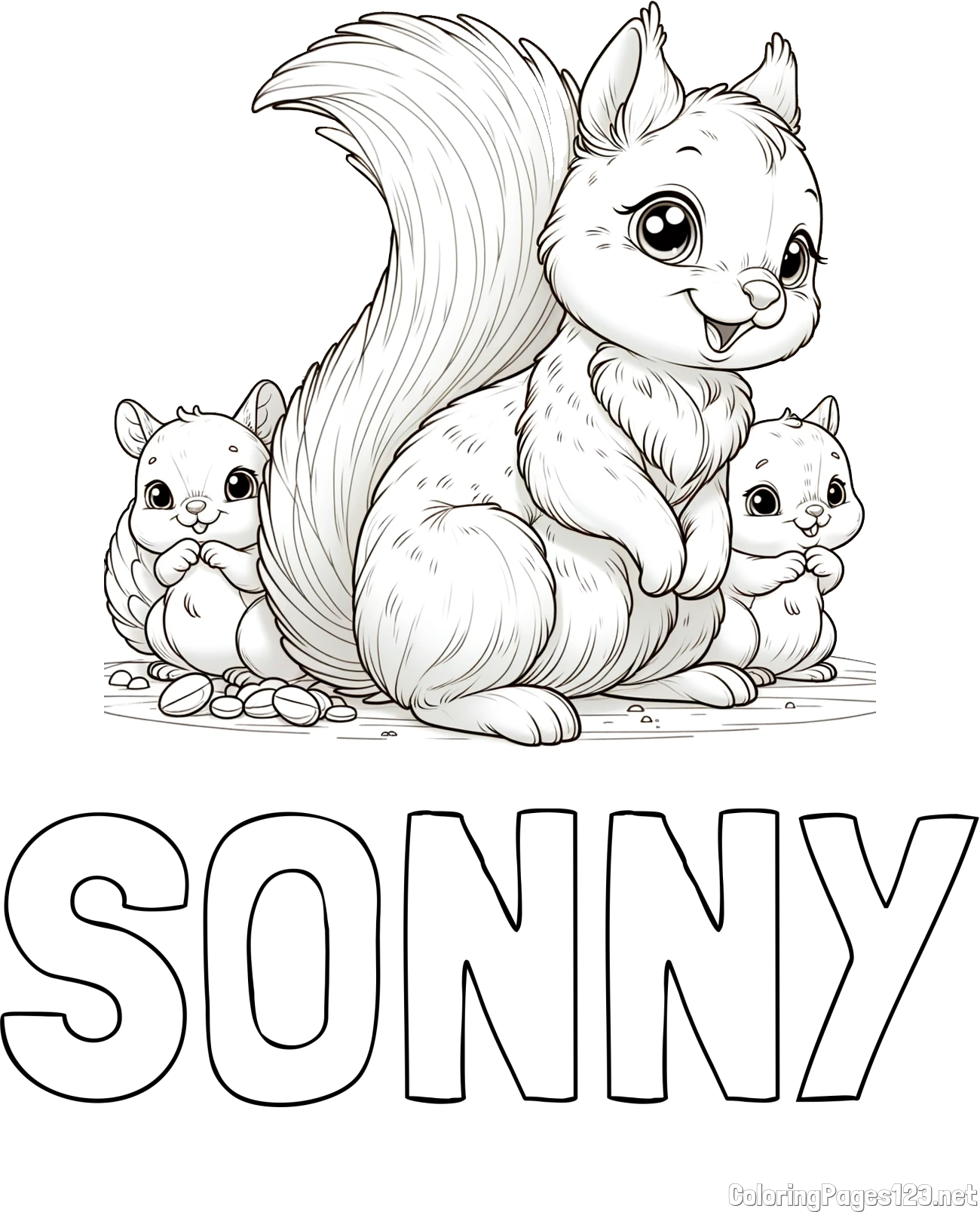 SONNY Coloring Page and Free Printable Coloring Page of a Squirrel and Pups