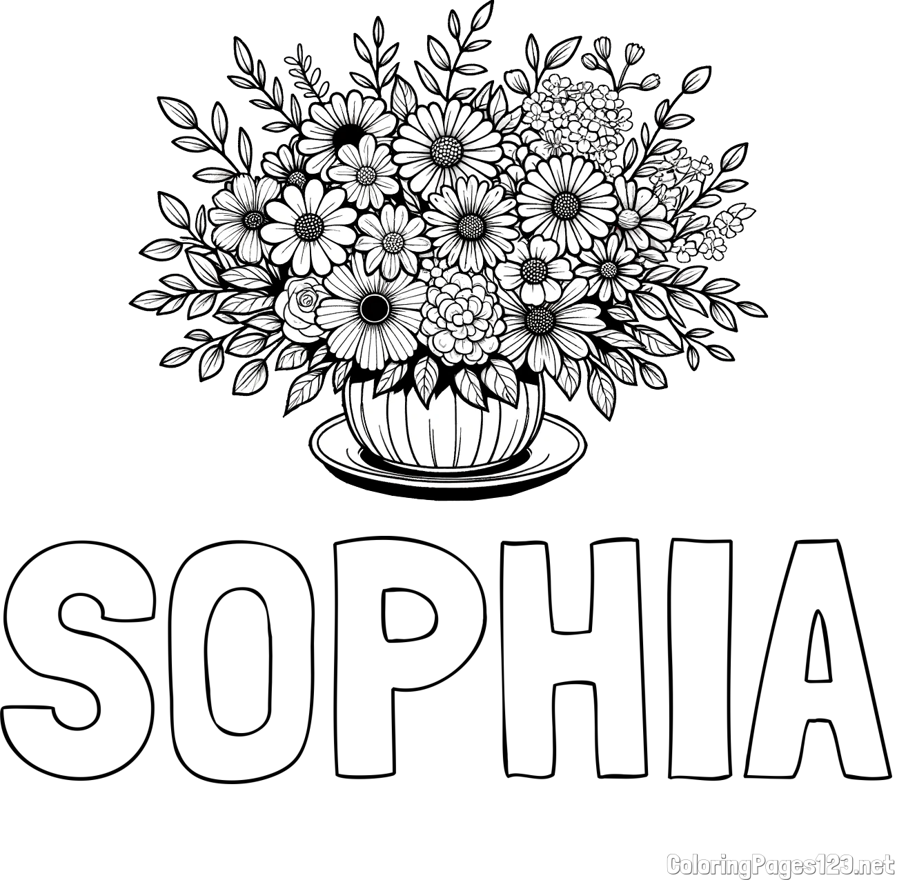 SOPHIA Coloring Page and Beautiful Bouquet of Flowers Coloring Page