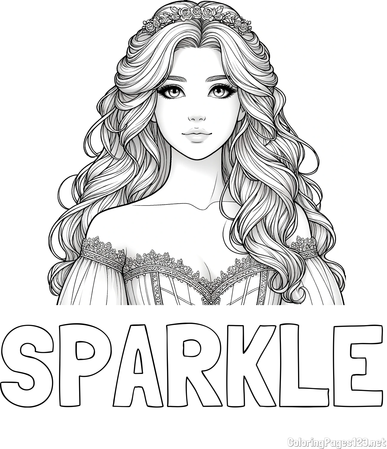 SPARKLE Coloring Page and Coloring Page of a Cute Realistic Princess