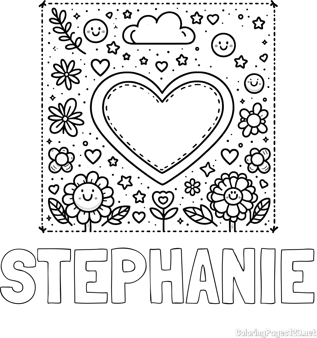 STEPHANIE Coloring Page and Free Printable Coloring Page of Heart and Flowers
