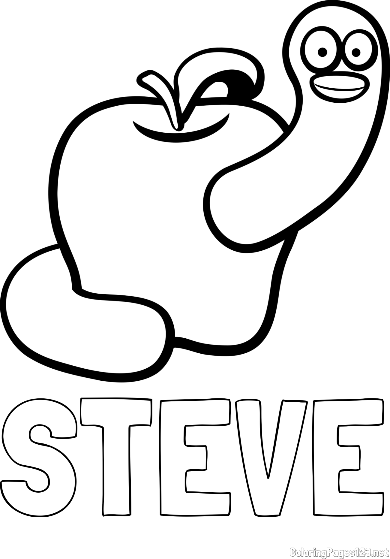 STEVE Coloring Page and Apple and Smiling Worm Coloring Page
