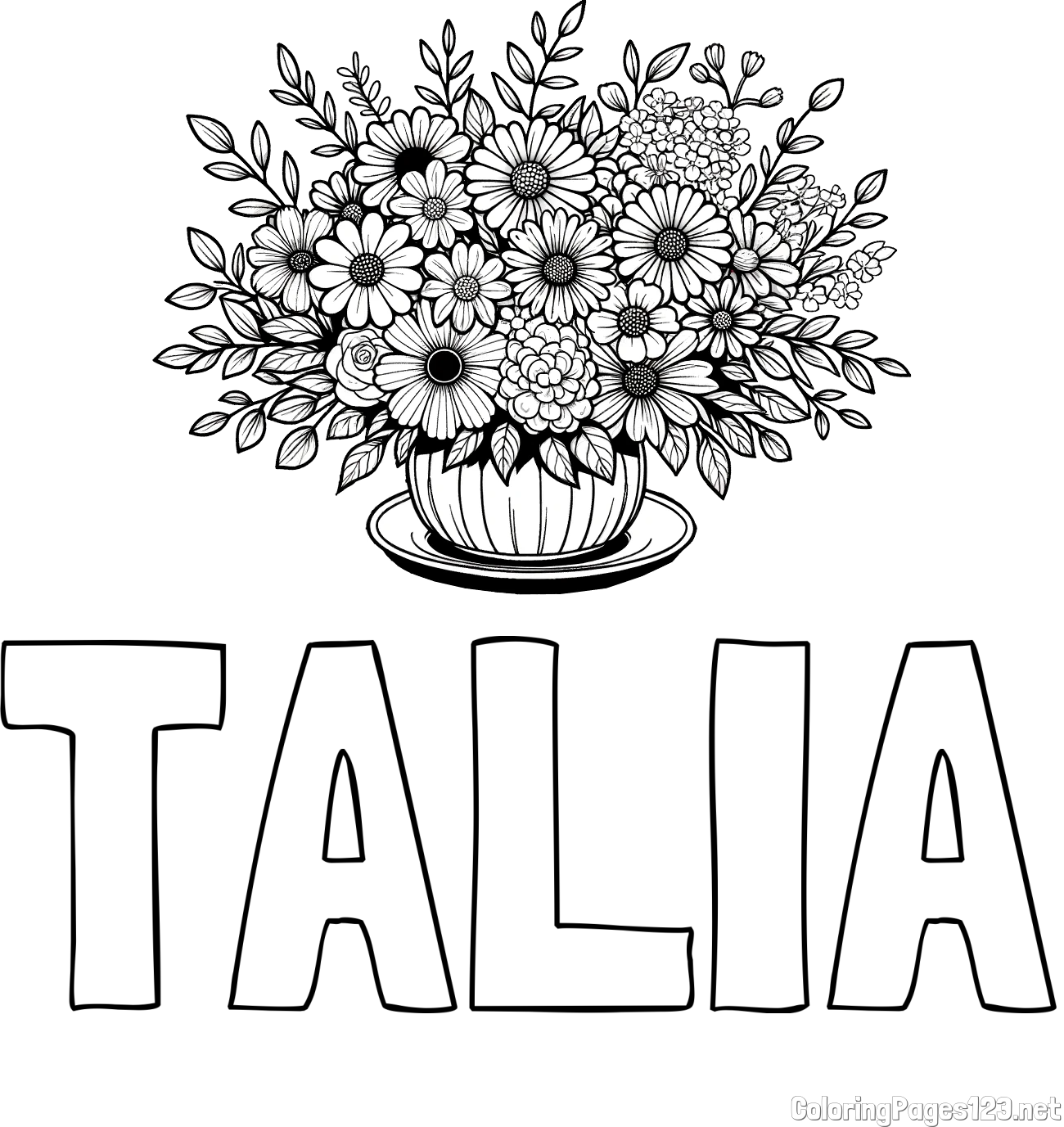 TALIA Coloring Page and Beautiful Bouquet of Flowers Coloring Page