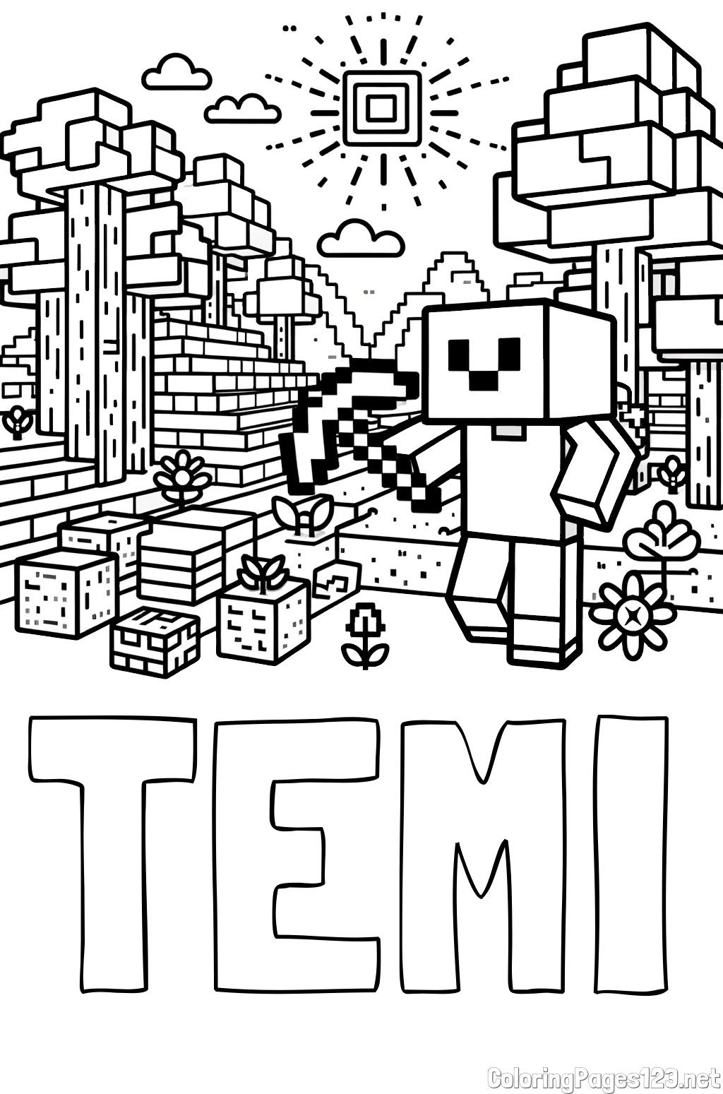 TEMI Coloring Page and Minecraft World Coloring Page