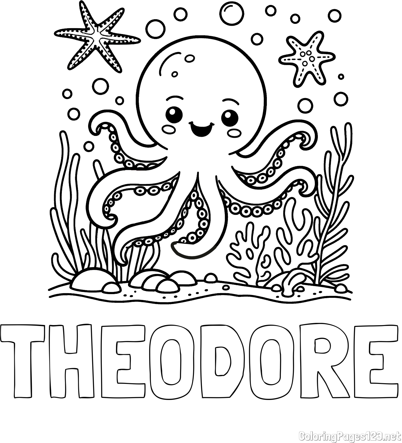THEODORE Coloring Page and Coloring Page of a Cute Octopus in the Ocean