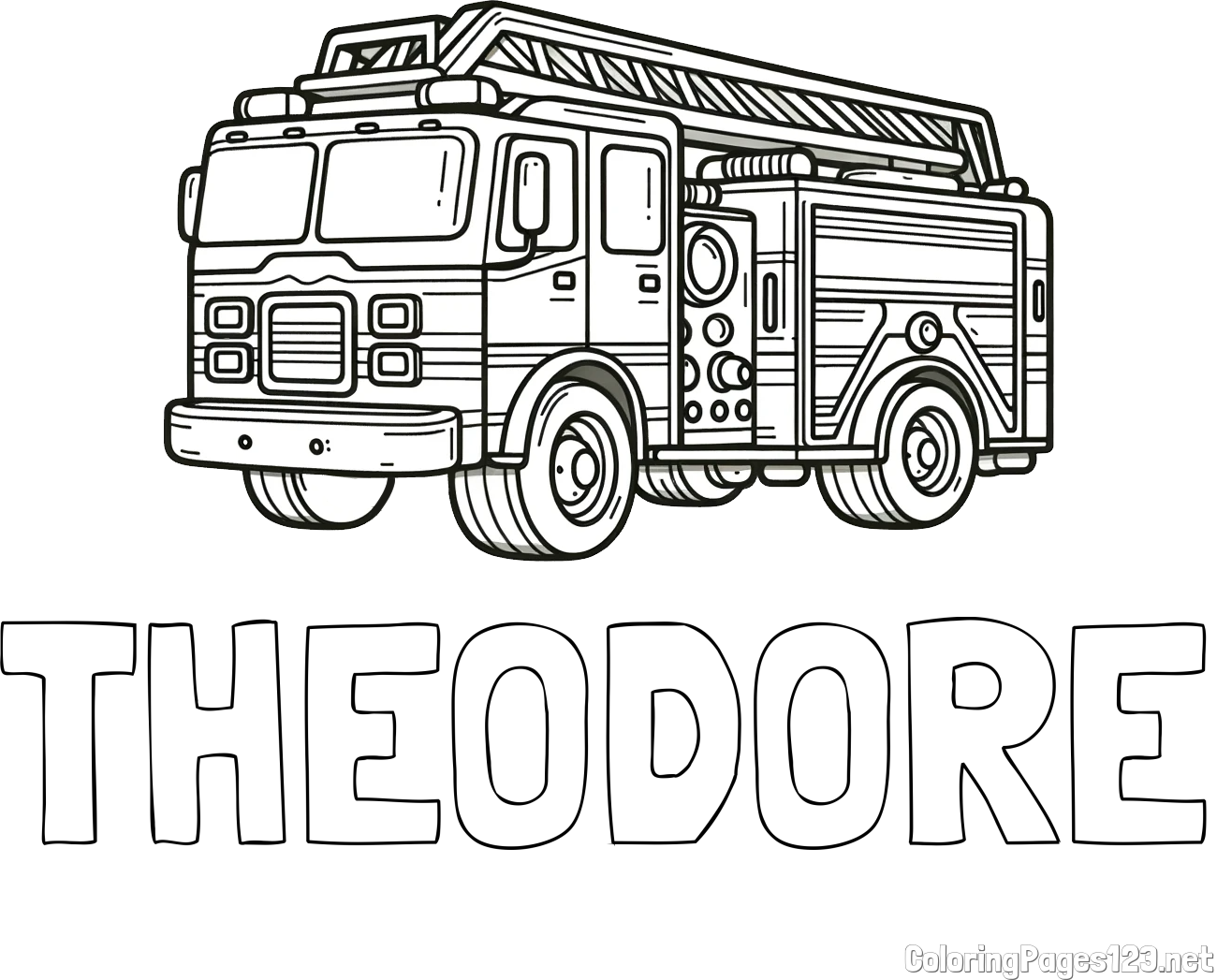 THEODORE Coloring Page and Coloring Page of a Huge Fire Truck