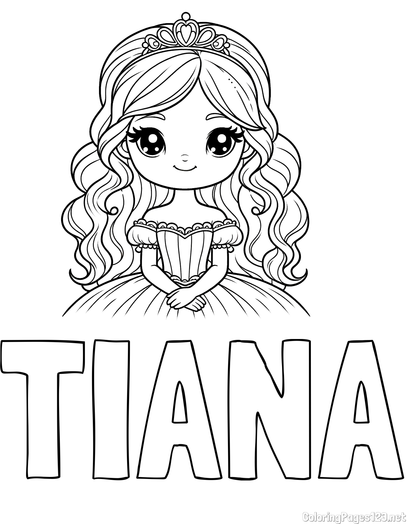 TIANA Coloring Page and Coloring Page of a Cute Princess with Big Eyes